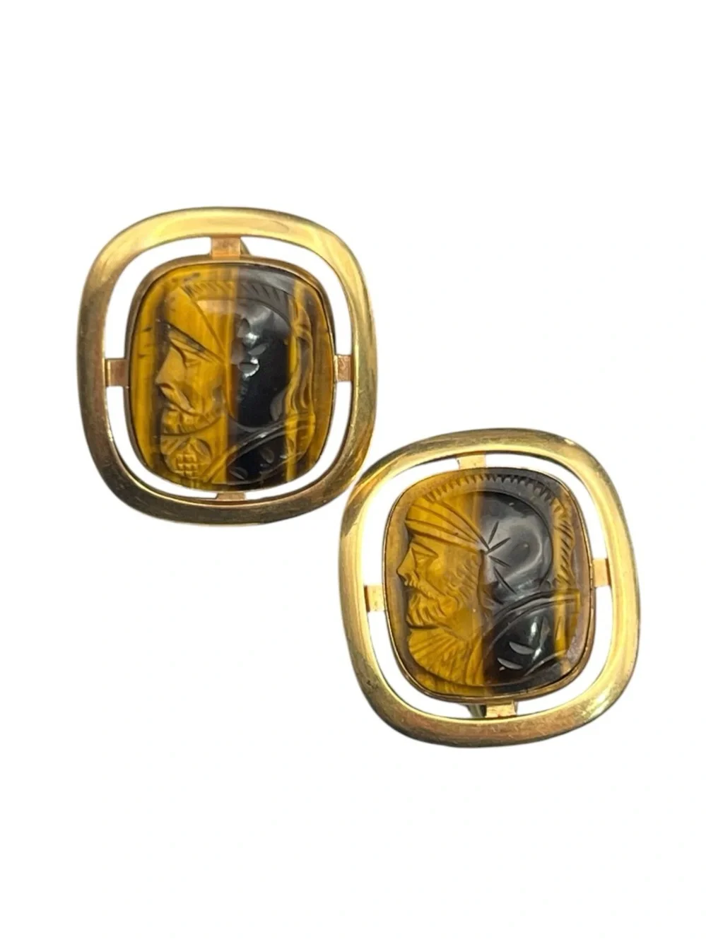 LAMODE MCM Tiger Eye Gladiator Soldier Cameo 10K Gold Filled Cufflinks vintage